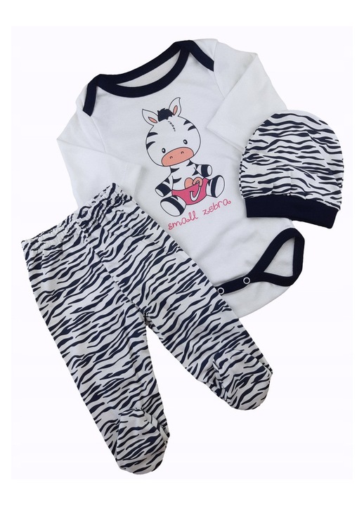 Set compleu haine copii, format din body, pantaloni si caciulita - model Zebra, marime 62