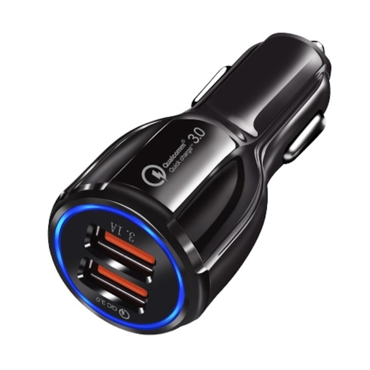 Зарядно за кола Qualcomm 3.0 Fast Charge, 2x USB порта, 5V 3.1A - 6A, Бързо зареждане, Син LED, 5 вида защита, черен