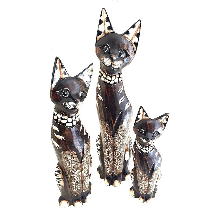 Set 3 pisici lemn, hand made, 36 cm