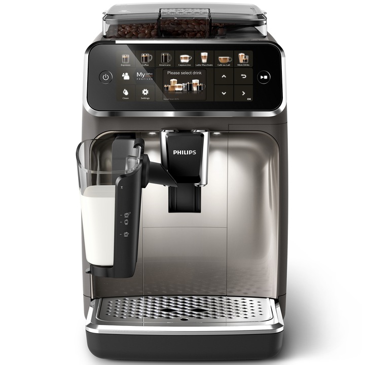 Espressor automat Philips Seria 5400, EP5444/90, sistem de lapte LatteGo, 12 bauturi, 15 bar, display digital TFT si pictograme color, filtru AquaClean, rasnita ceramica, optiune cafea macinata, functie MEMO 4 profiluri, Gri casmir