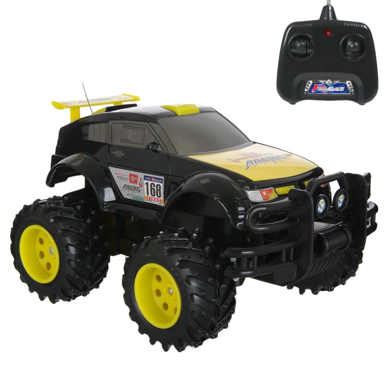 Masinuta de teren,tip off-road cu telecomanda,rezistenta la socuri,rosu cu galben