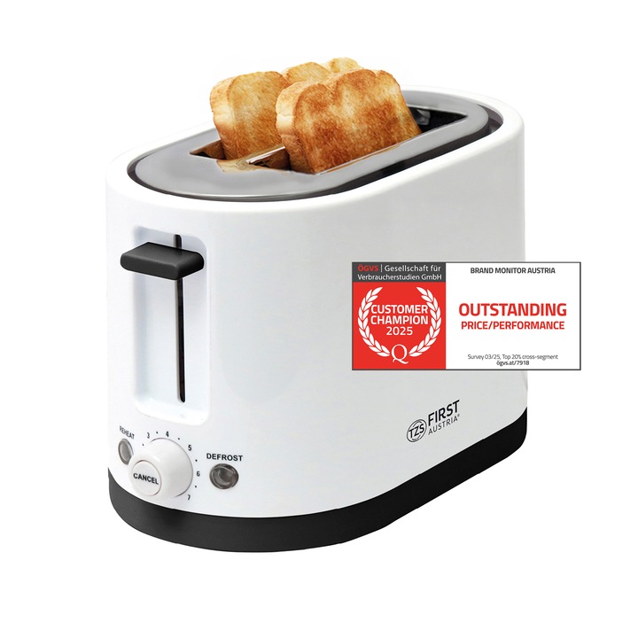 Toaster TZS First Austria alb 2 felii, 750W, 7 trepte, funcție decongelare &amp; menținere cald, tavă firimituri, compact