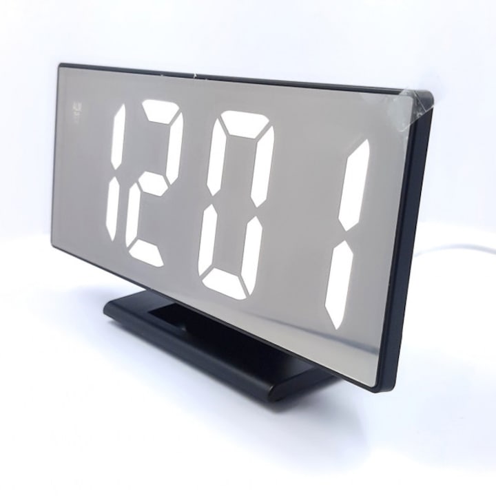 Tükör kijelzős ébresztő óra hőmérséklet jelző funkcióval fehér