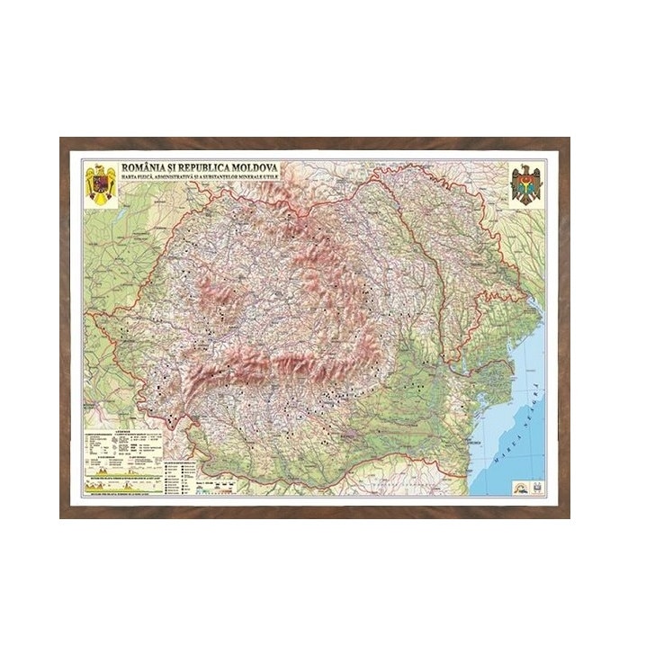 Harta fizica, administrativa si a substantelor minerale utile Romania si Republica Moldova (proiectie 3D), 1000x700mm Eurodidactica