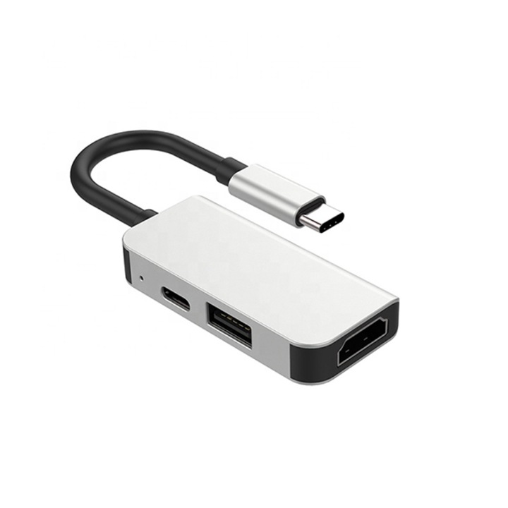 Адаптер ZYuuan Multiport Hub 3 in 1, USB Type-C към HDMI 4K@30Hz, USB, USB-C PD, Сребрист, 45W