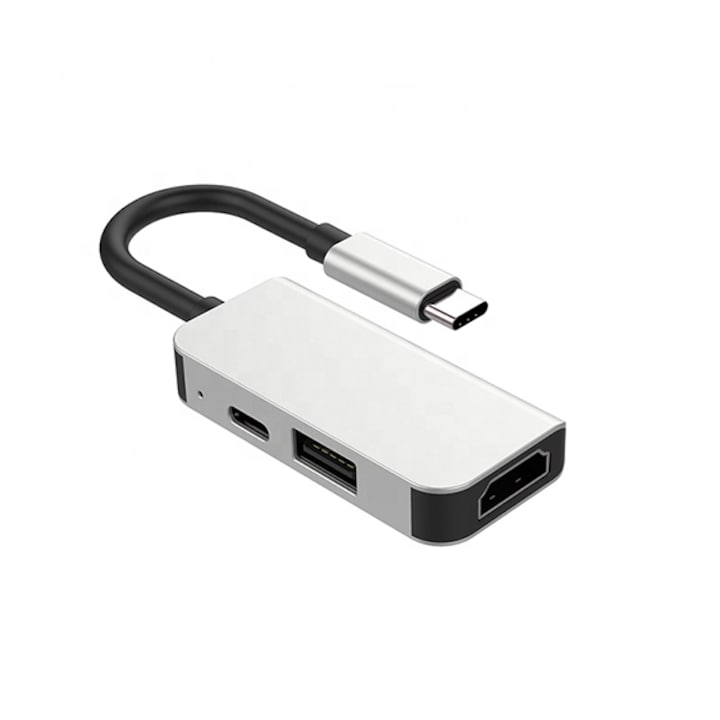 Adapter Multiport Hub 3 az 1-ben USB Type-C – HDMI 4K @30Hz, USB, USB-C PD 45W, ZYuuan, ezüst
