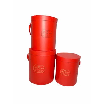 Set 3 cutii decorative cu capac pentru aranjamente si cadouri, 28x24/26x23/24x21 cm, Carton rotund, Rosu Set 3 cutii decorative cu capac pentru aranjamente si cadouri, 28x24/26x23/24x21 cm, Carton rotund, Rosu