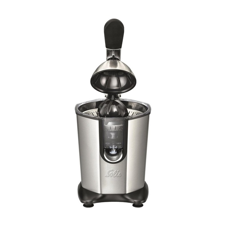 Сокоизстисквачка за цитруси Solis, Citrus Juicer 8453, мощен, безшумен мотор, система против капене, подходяща за различни размери цитрусови плодове, корпус и сито от неръждаема стомана, сребрист