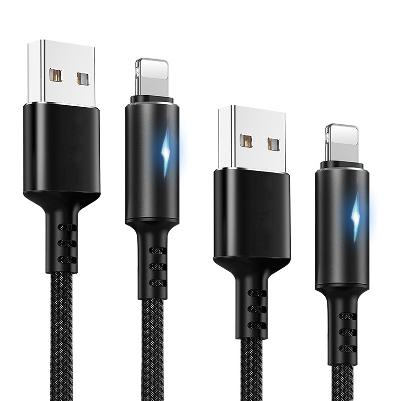 Set cabluri incarcare rapida TBTIC, 3A, 1.2M | 2m, 8 pini, iPhone, Nailon, Negru