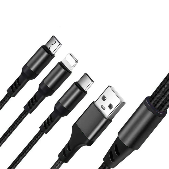 Cablu incarcare rapida 3 in 1 TBTIC, 2.4A, USB 3.0, 1 m, Negru