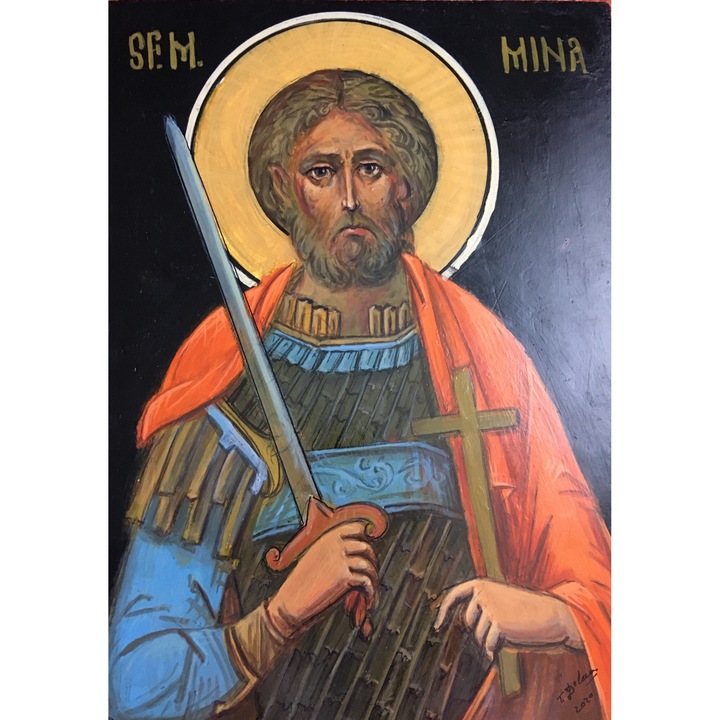 Kézzel készített, schlagmetallal polírozott ikon, Saint Mina, 34x24x1 cm