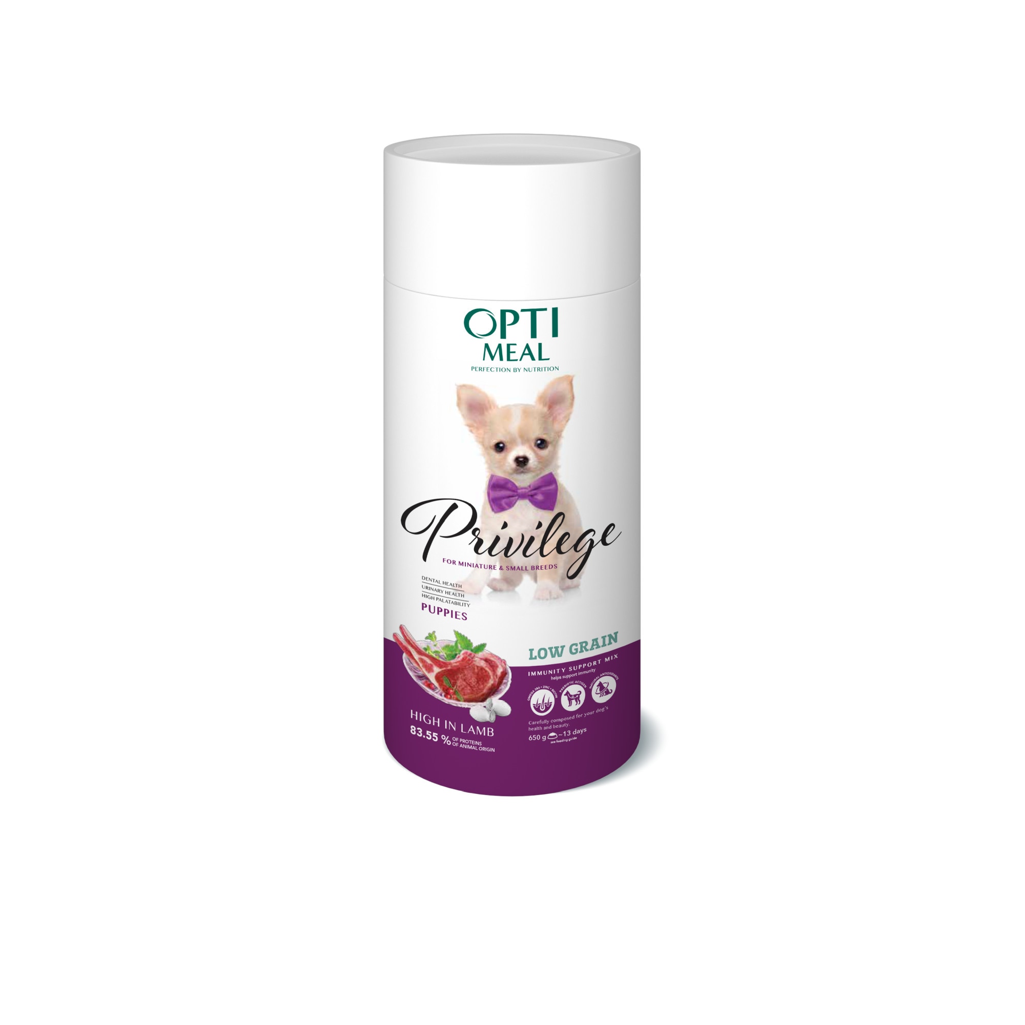 Hrana uscata catei talie foarte mica, Optimeal Privilege, Cu miel, 0.650kg
