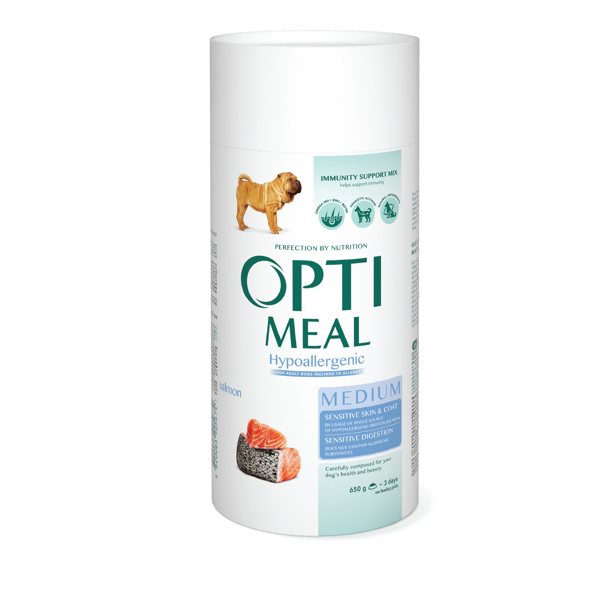 Hrana uscata hipoalergenica pentru caini, Optimeal Adult talie medie, Somon, 0.650kg