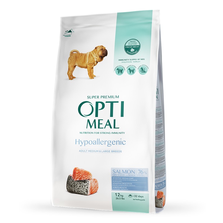 Hrana uscata hipoalergenica pentru caini, Optimeal Adult talie medie, Somon, 12kg