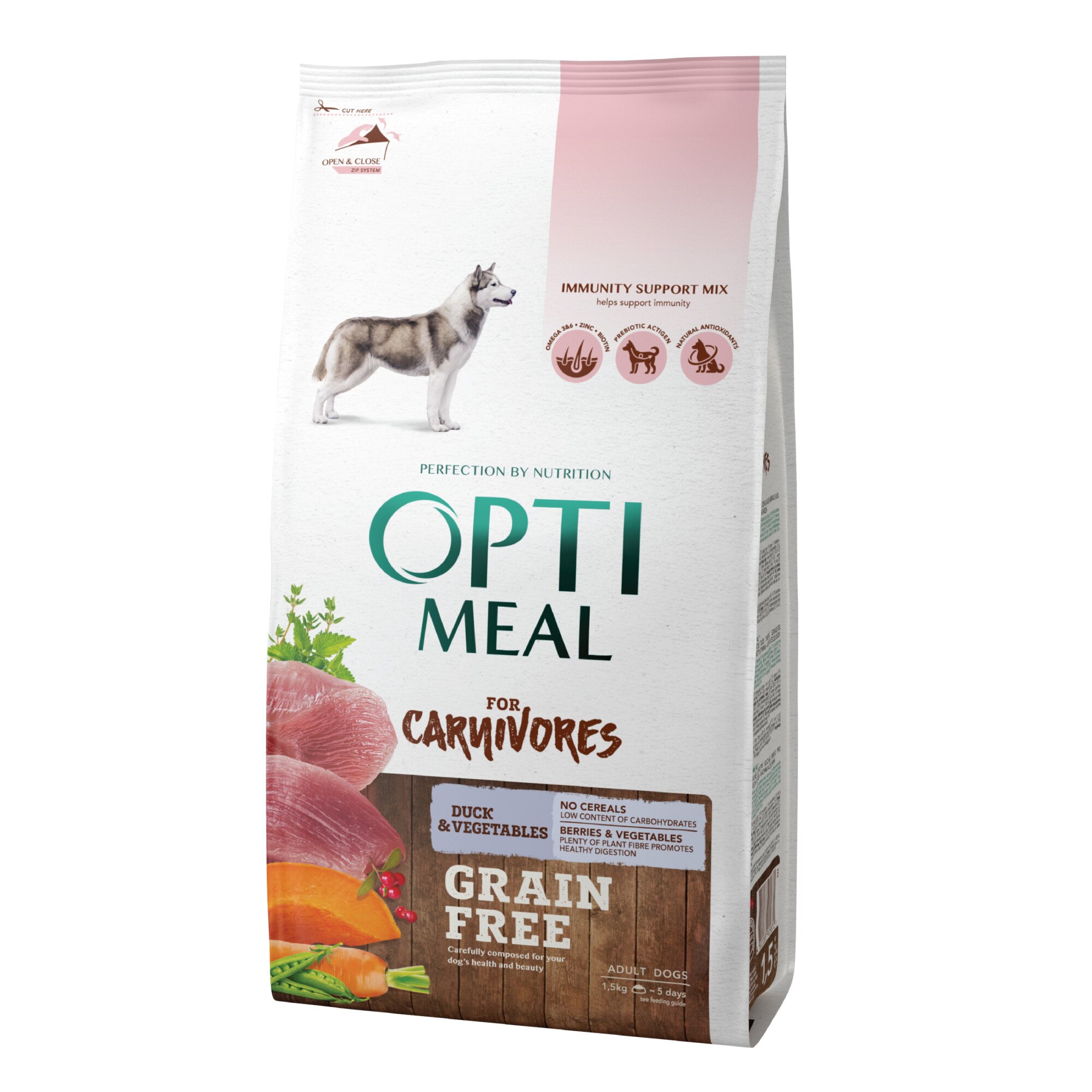 Hrana uscata GRAIN FREE caini, Optimeal Adult talie medie, Rata si legume, 1.5kg