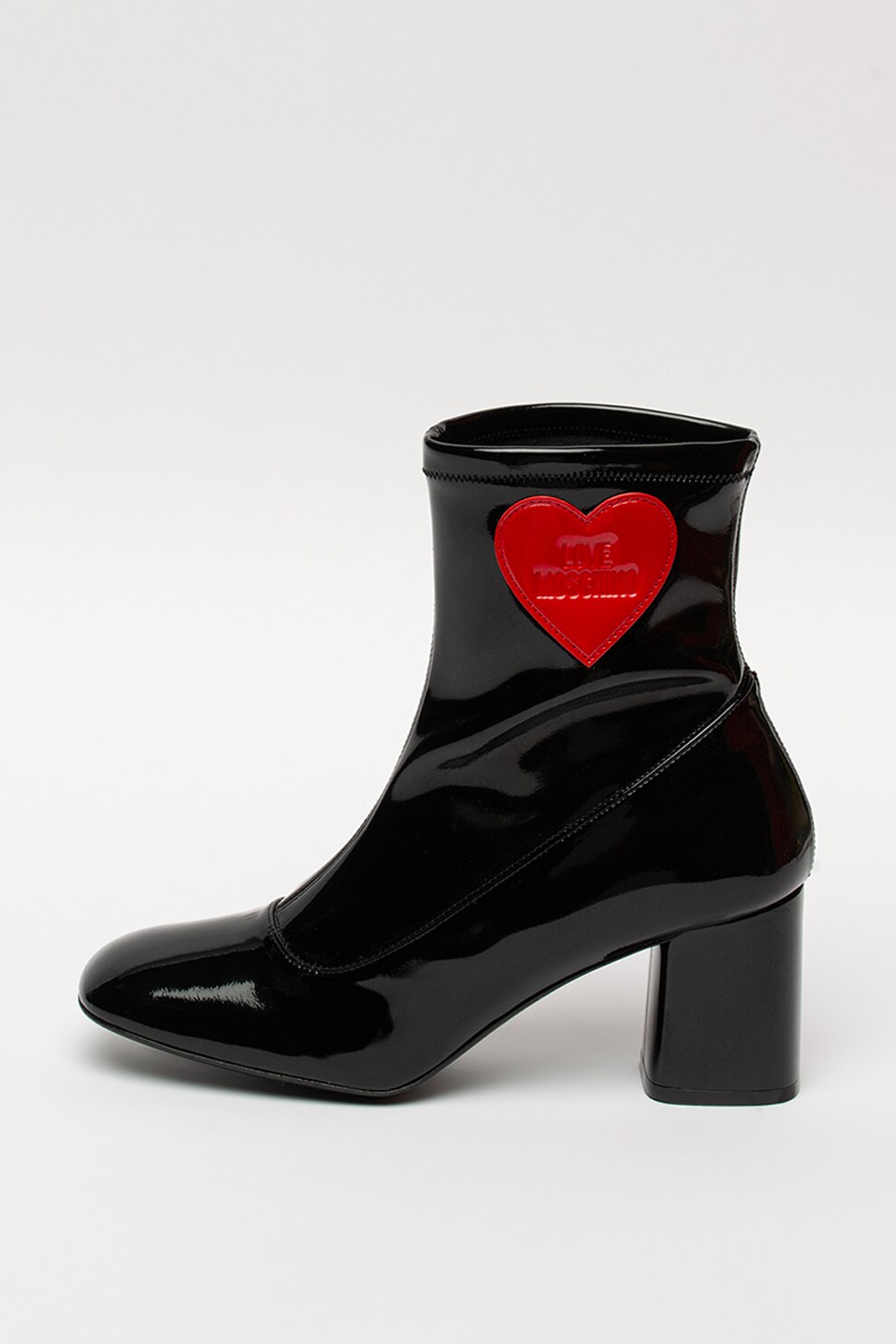 Love Moschino, Botine de piele ecologica cu aspect lacuit, Negru/Rosu, 35