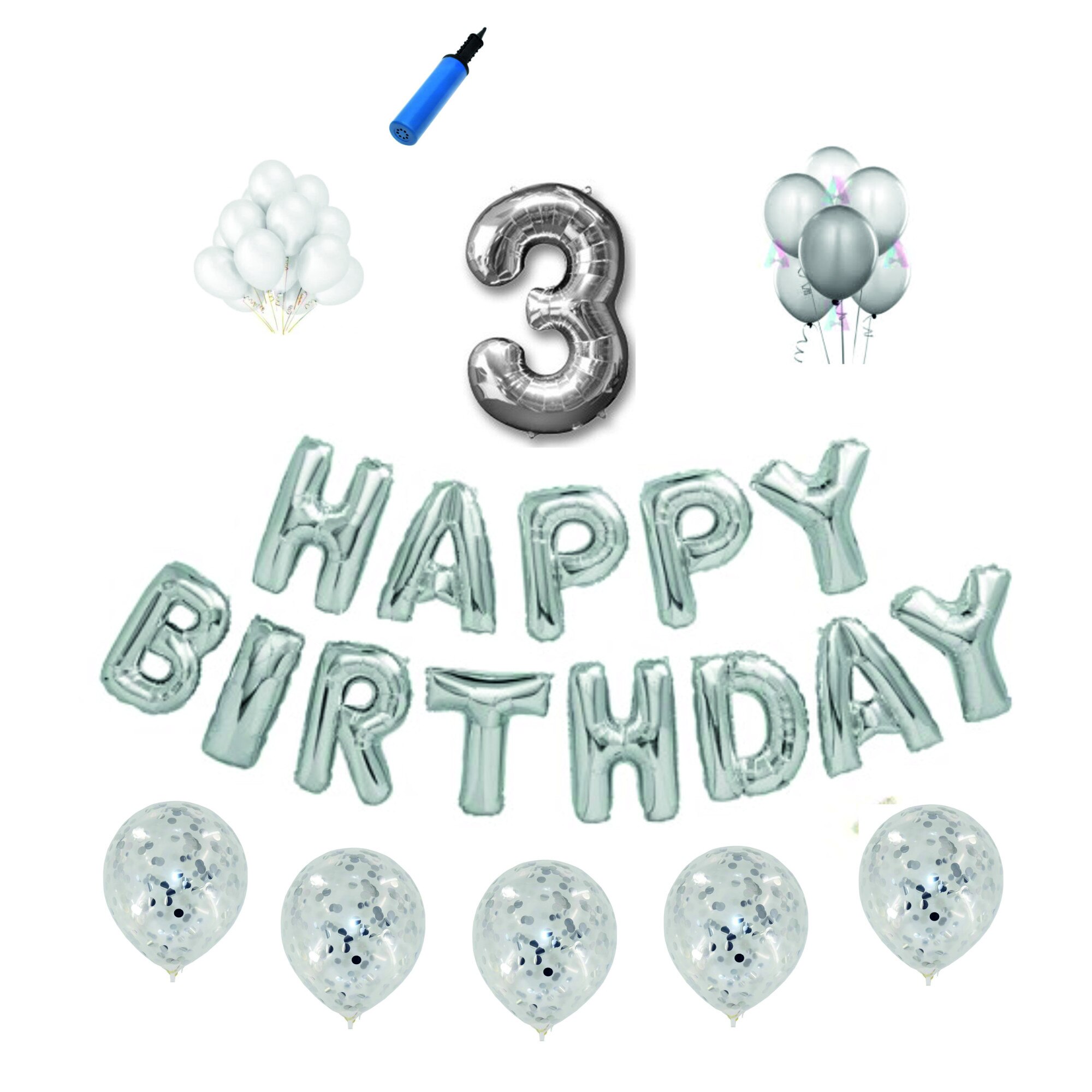 Set baloane Happy Birthday , pentru 3 ani, cifra 1 metru, Argintiu