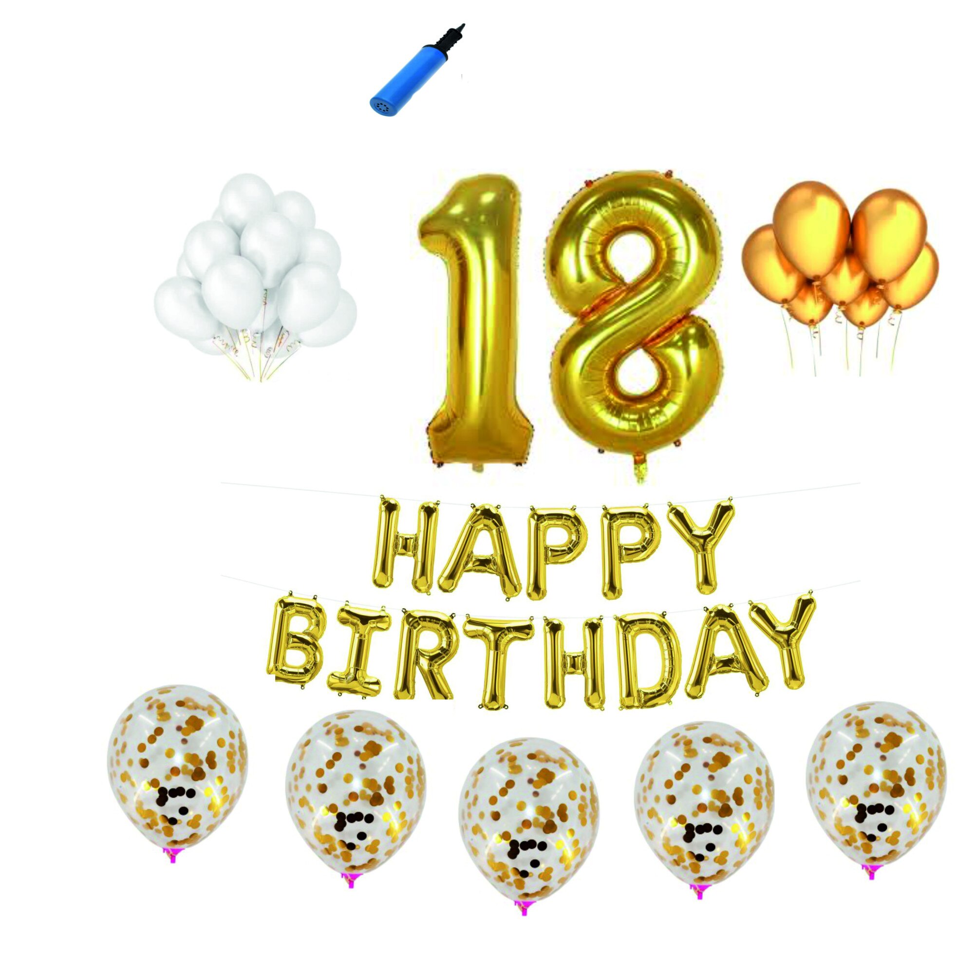 Set complet baloane Happy Birthday, Majorat, 18 ani, Auriu