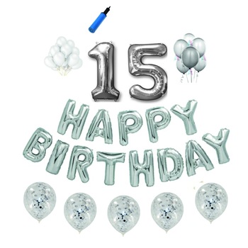 Set baloane Happy Birthday , pentru 15 ani, cifra 1 metru, Argintiu Set baloane Happy Birthday , pentru 15 ani, cifra 1 metru, Argintiu
