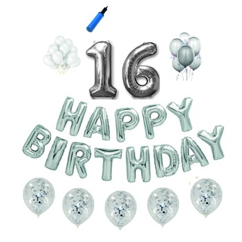 Set baloane Happy Birthday , pentru 16 ani, cifra 1 metru, Argintiu Set baloane Happy Birthday , pentru 16 ani, cifra 1 metru, Argintiu