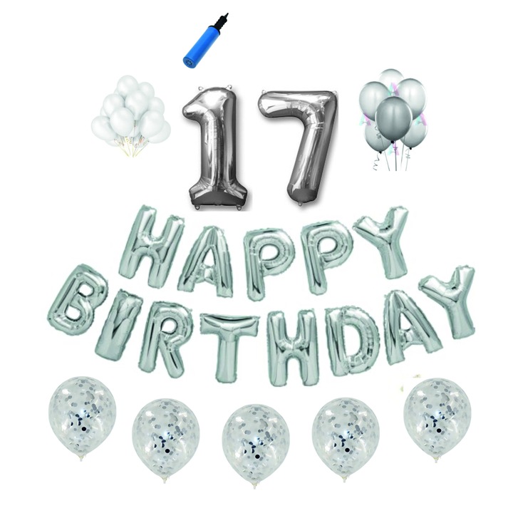 Set baloane Happy Birthday , pentru 17 ani, cifra 1 metru,Argintiu