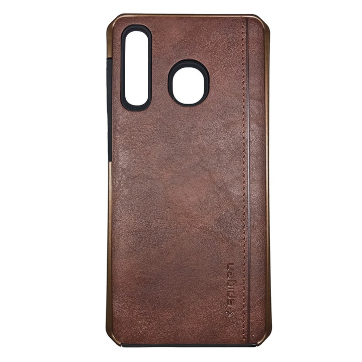 Husa compatibila cu Samsung A20, Imitatie piele si policarbonat, Spingen Maro