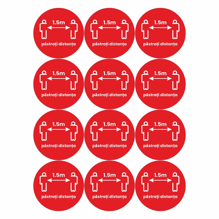Set 12 stickere pentru podea Pastreaza distanta, Alb-Rosu, 30 x 30cm