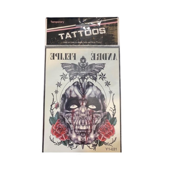 Tatuaj temporar, craniu + trandafiri rosii, 15 cm
