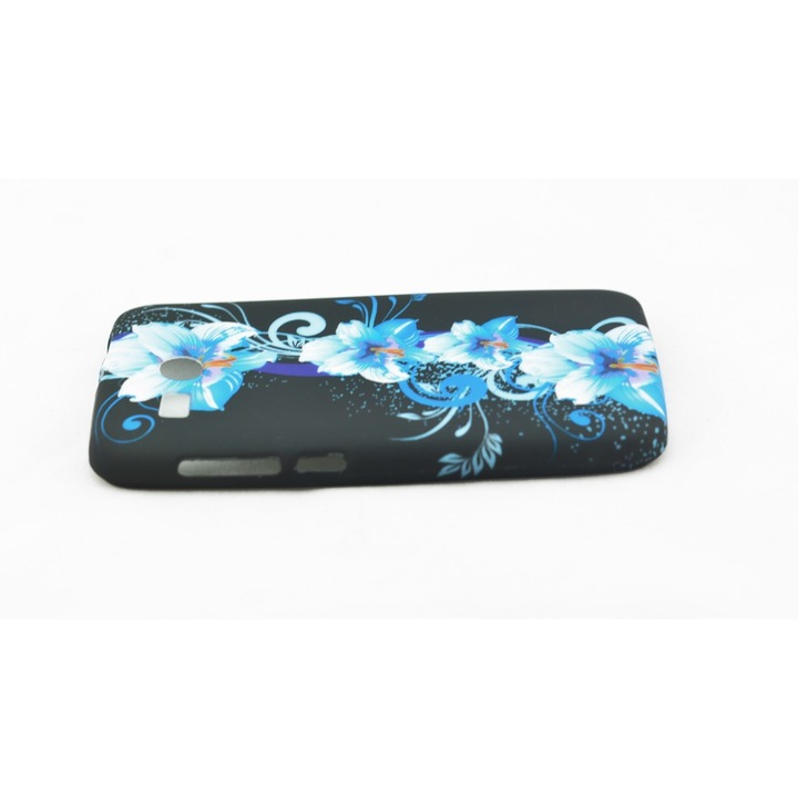 Калъф Huawei Ascend Y511, Blue Flowers, силиконов, черен