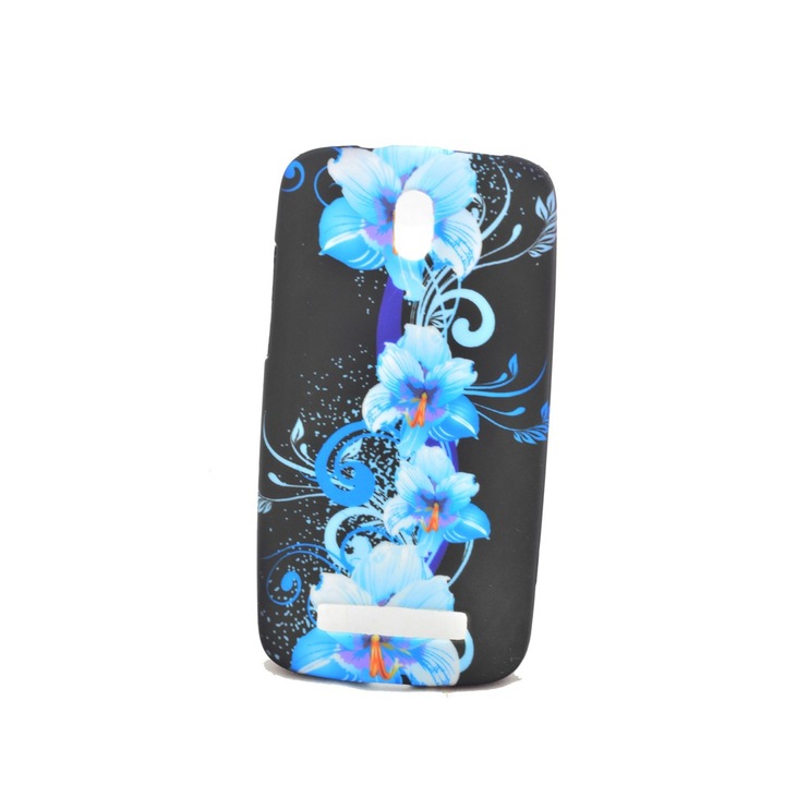 Калъф HTC Desire 500, Blue Flowers, силиконов, черен
