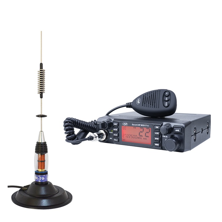 Комплект: Радиостанция CB PNI ESCORT HP 9001 PRO ASQ регулируема, AM-FM, 12V, 4W + Антена CB PNI ML70 26-30MHz, 200W, 70 см, Включен магнит 145 мм