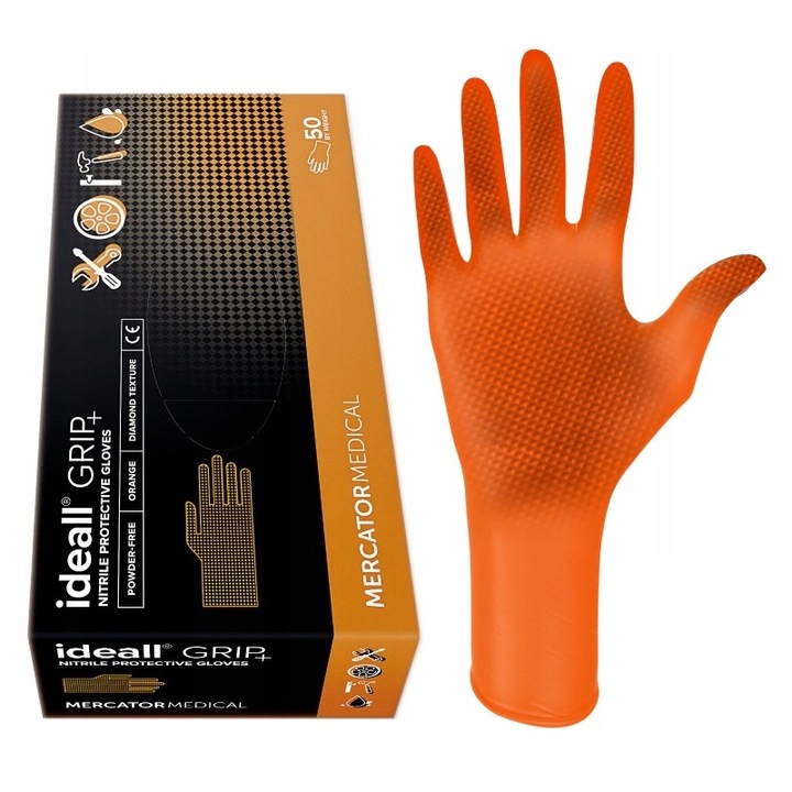 Set 50 bucati Manusi Ideall Grip+ Orange, Nitril, nepudrate, groase, structura diamant, portocaliu, marimea L
