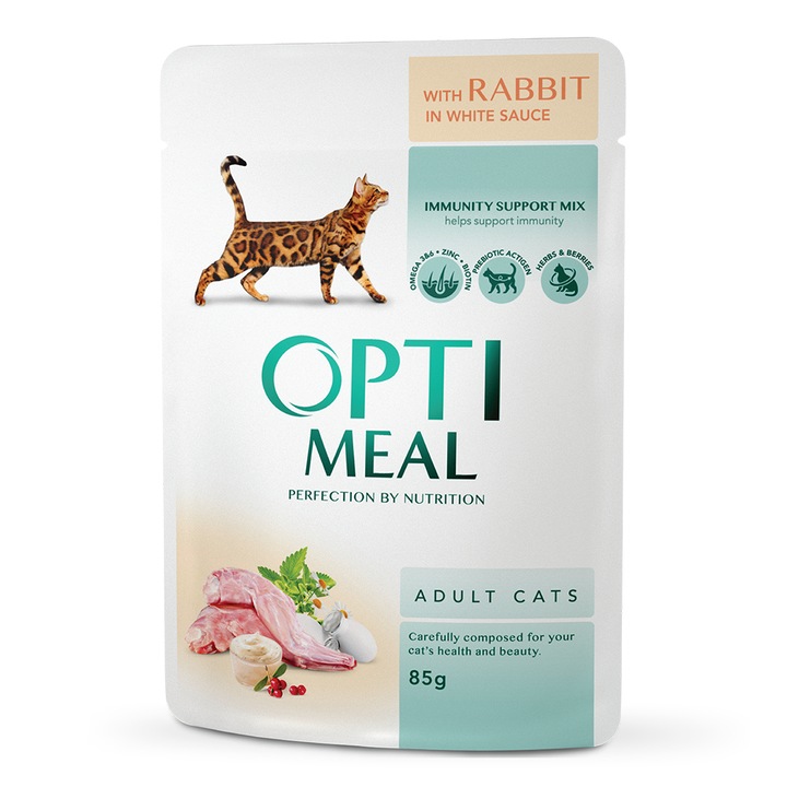 Hrana umeda pentru pisici, Optimeal, Iepure in sos alb, 12*0,085kg