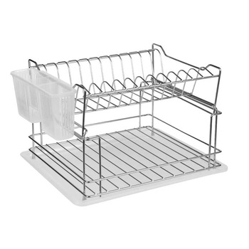 Suport de vase si tacamuri cu 2 etaje, tava de scurgere, Metal, 35.5x29x23.5 cm, Alb/Argintiu Suport de vase si tacamuri cu 2 etaje, tava de scurgere, Metal, 35.5x29x23.5 cm, Alb/Argintiu