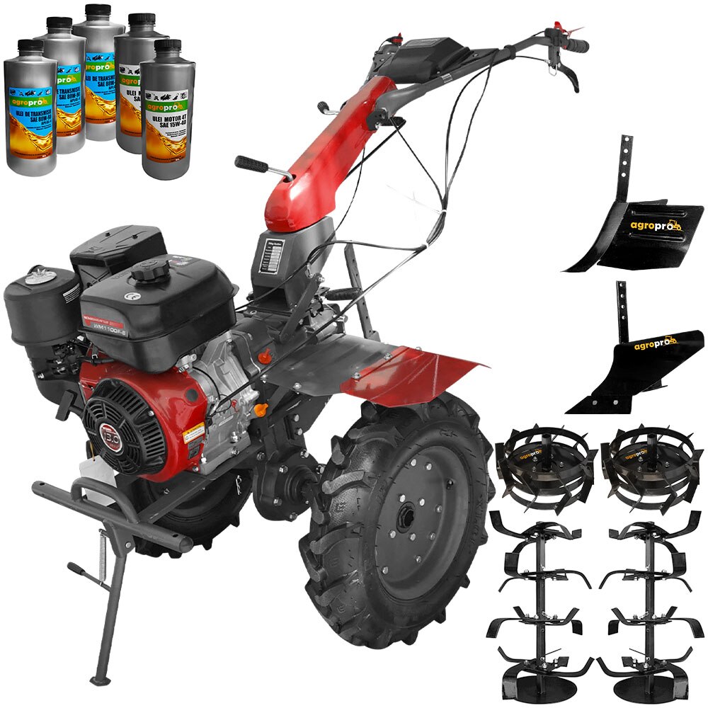 Set motocultor Weima WM1100F-6, motor 13 CP, 6 viteze, latime lucru 110 cm, freze, roti cauciuc, reductor usor/greu, roti metal, rarita reglabila, plug arat, 5l ulei AgroPro