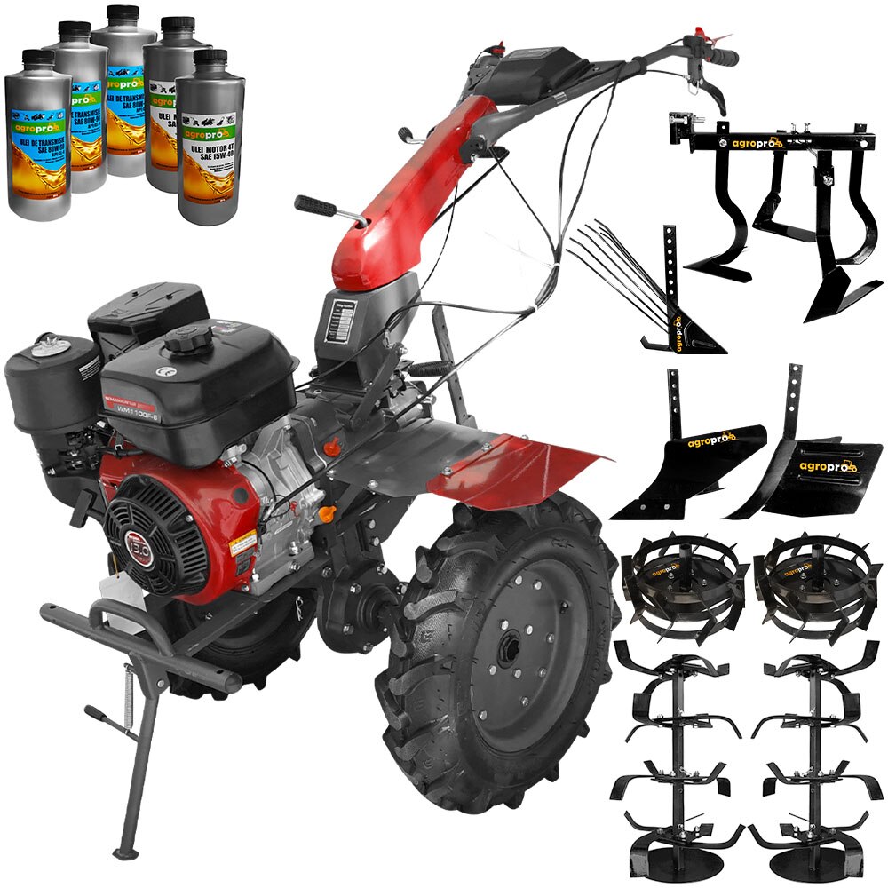 Set motocultor Weima WM1100F-6, motor 13 CP, 6 viteze, latime lucru 110 cm, freze, roti cauciuc, reductor usor/greu, roti metal, rarita reglabila, plug arat, plug cartofi, cultivator, 5l ulei AgroPro