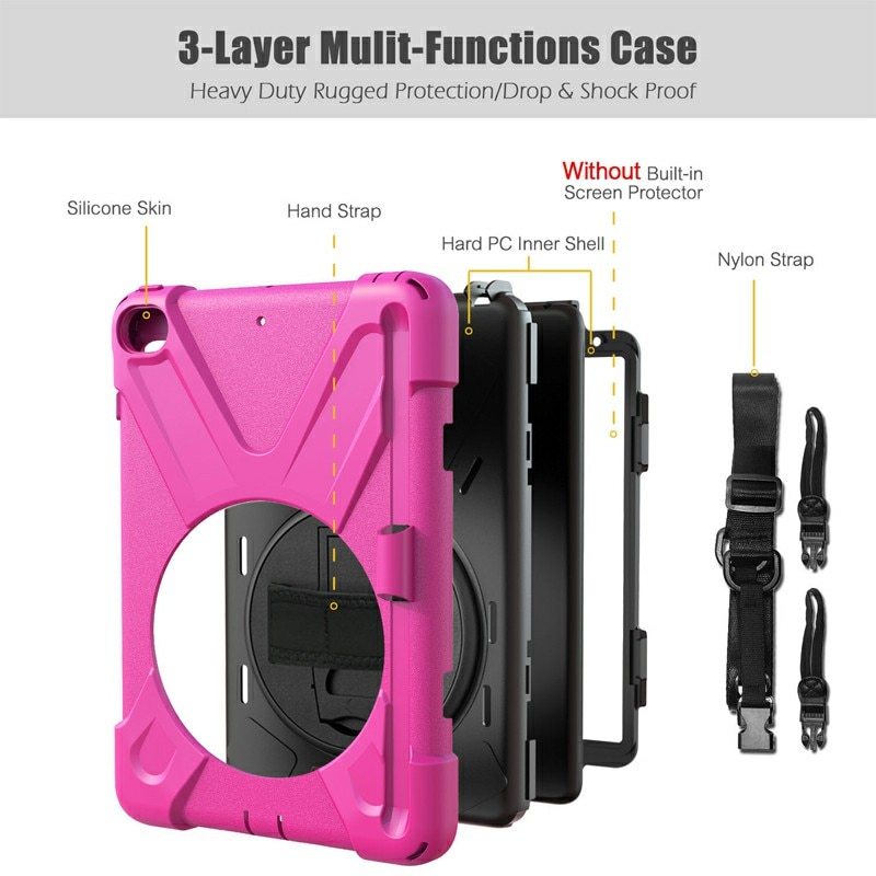 Husa de protectie din silicon pentru Apple iPad Mini 4/5, cu suport 360 de grade si curea, Roz cu Negru, BBL1714