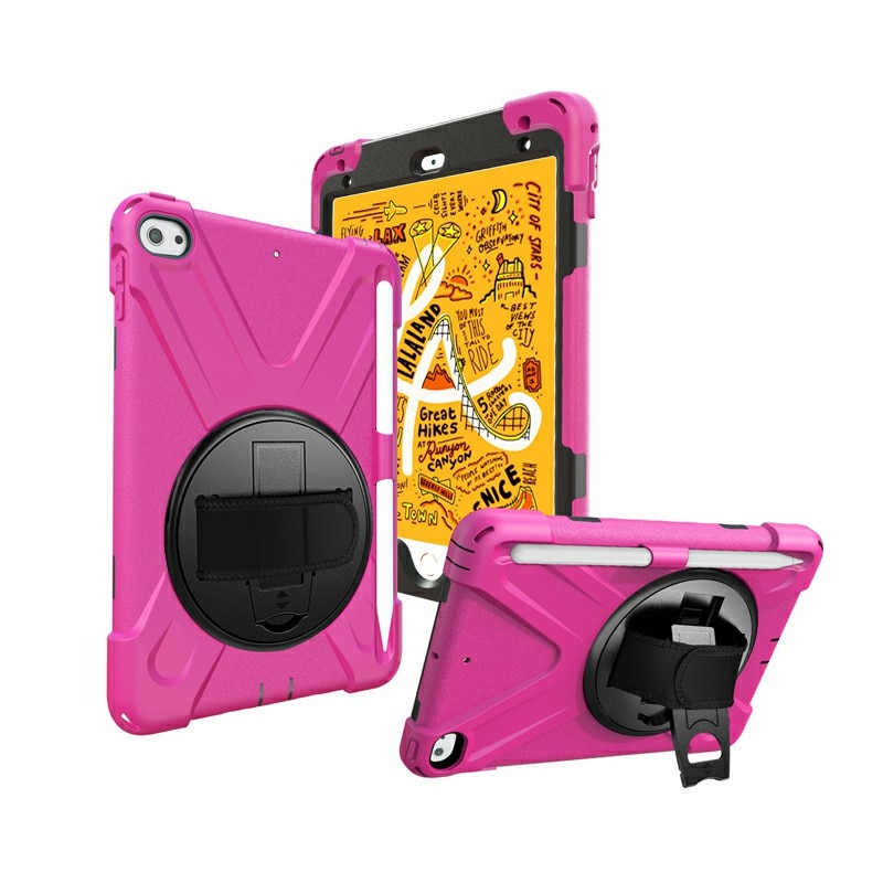 Husa de protectie din silicon pentru Apple iPad Mini 4/5, cu suport 360 de grade si curea, Roz cu Negru, BBL1714