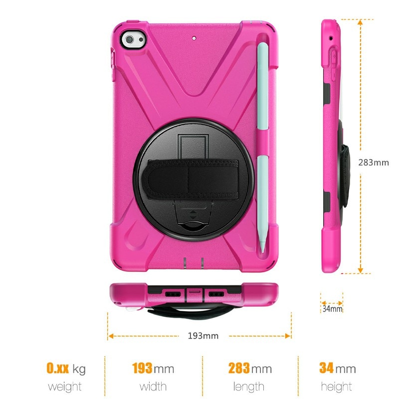 Husa de protectie din silicon pentru Apple iPad Mini 4/5, cu suport 360 de grade si curea, Roz cu Negru, BBL1714