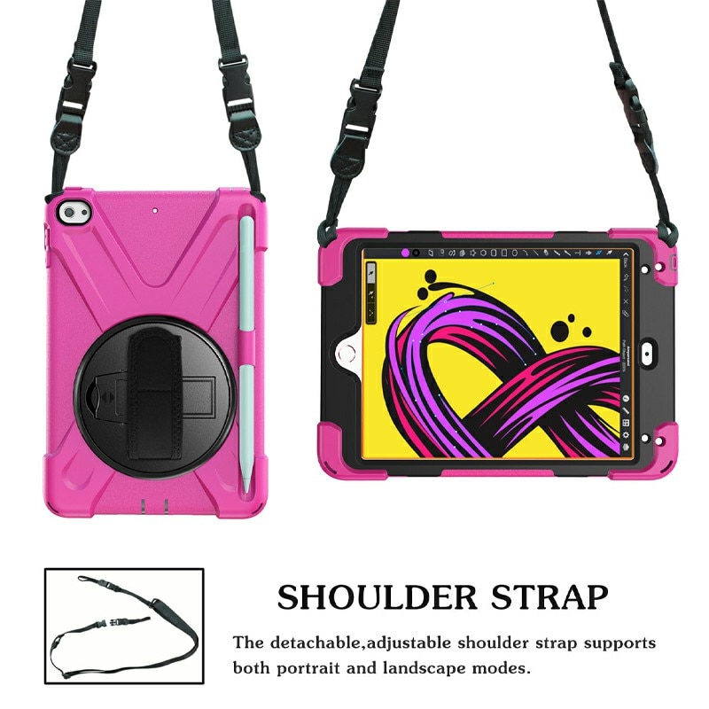 Husa de protectie din silicon pentru Apple iPad Mini 4/5, cu suport 360 de grade si curea, Roz cu Negru, BBL1714
