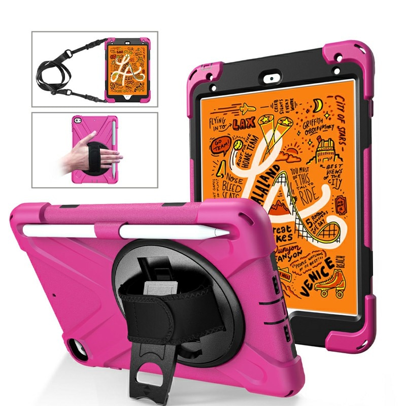 Husa de protectie din silicon pentru Apple iPad Mini 4/5, cu suport 360 de grade si curea, Roz cu Negru, BBL1714