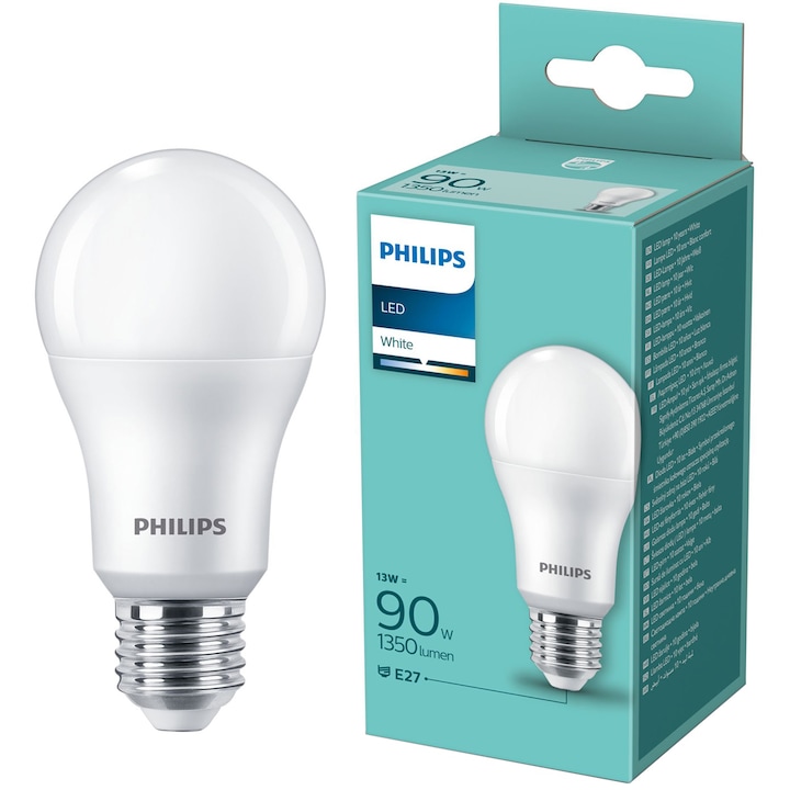 Крушка LED Philips, E27, 13W (90W), 1350 лумена, A+, Топла бяла светлина (3000K), Енергиен клас F