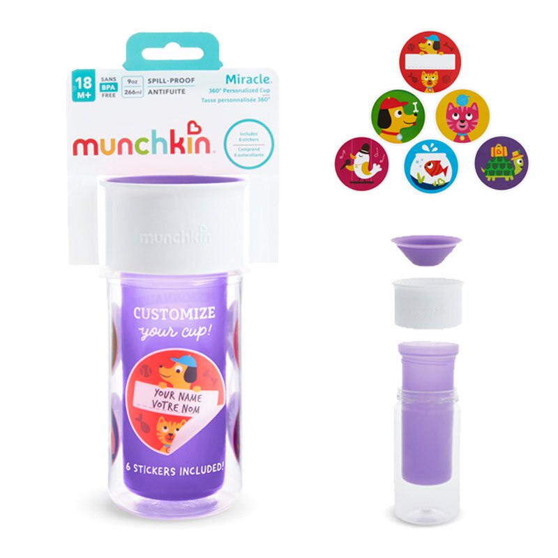 Cana Personalizabila, My Miracle 360, Munchkin, 266 ml, Izoterma, Anticurgere, Sticker Nume, Perfecta pentru Gradinita sau Scoala, Mov