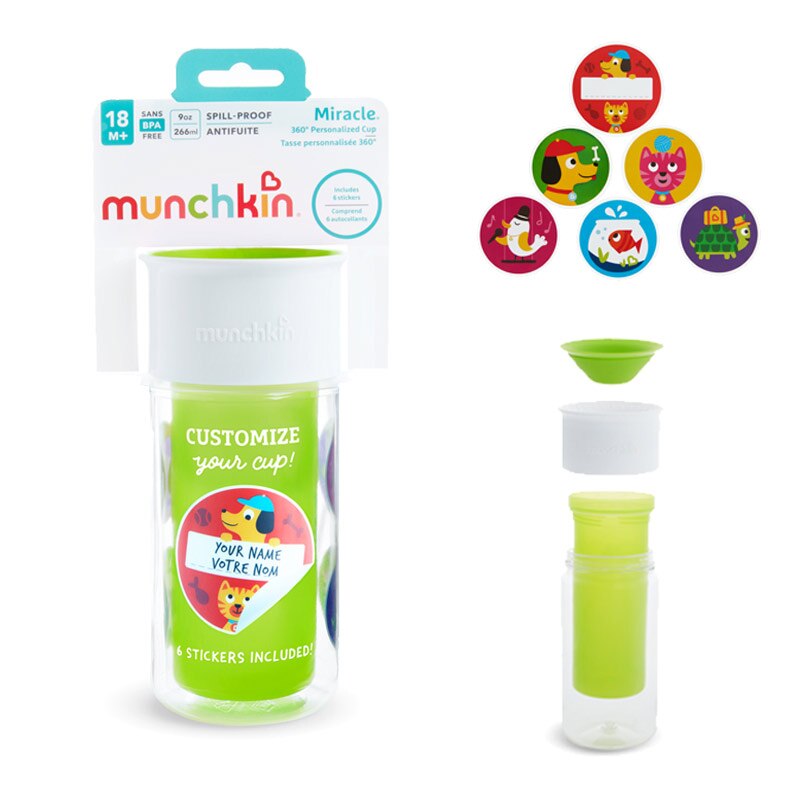 Cana Personalizabila, My Miracle 360, Munchkin, 266 ml, Izoterma, Anticurgere, Sticker Nume, Perfecta pentru Gradinita sau Scoala, Verde