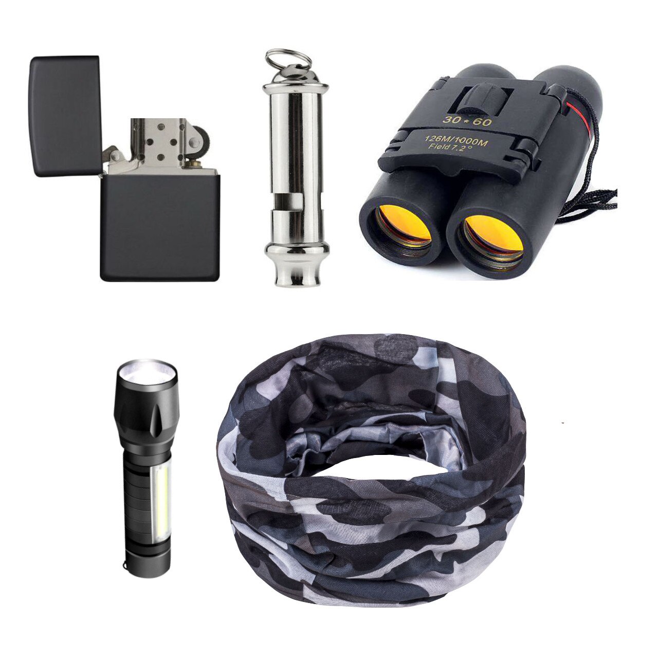 Kit Supravietuire format din Bandana Army, Binoclu, Lanterna LED, Bricheta si Fluier militar