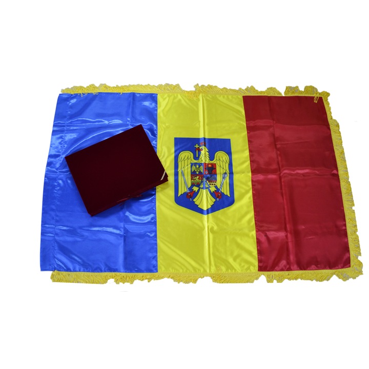 Steag Romania 1,35 x 0,90 m cu Stema, caseta din plus