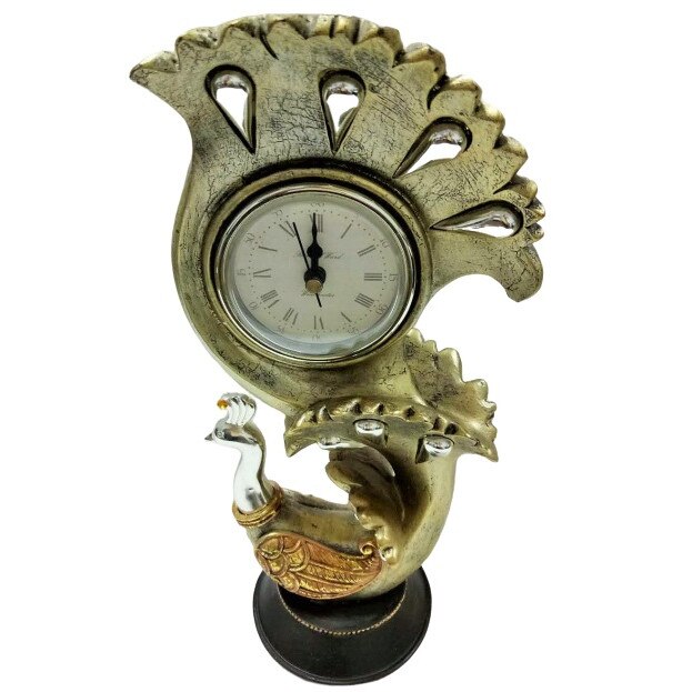 Decoratiune cu ceas si paun, Polirasina/Sticla, 13 cm x 25 cm, Multicolor