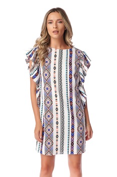 Rochie cu motive traditionale, Fashion Loft, scurta cu volanase, Alb/motive traditionale Rochie cu motive traditionale, Fashion Loft, scurta cu volanase, Alb/motive traditionale