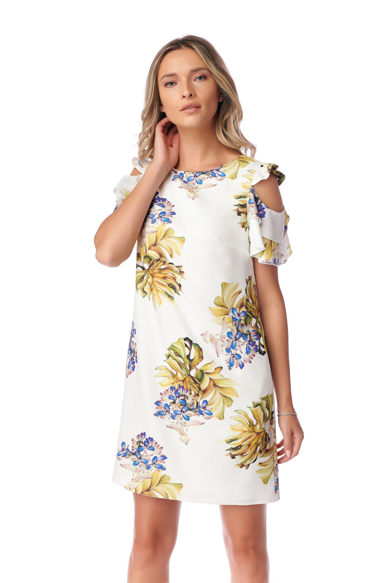 Rochie scurta cu imprimeu floral, Fashion Loft, cu maneci, Alb cu imprimeu floral
