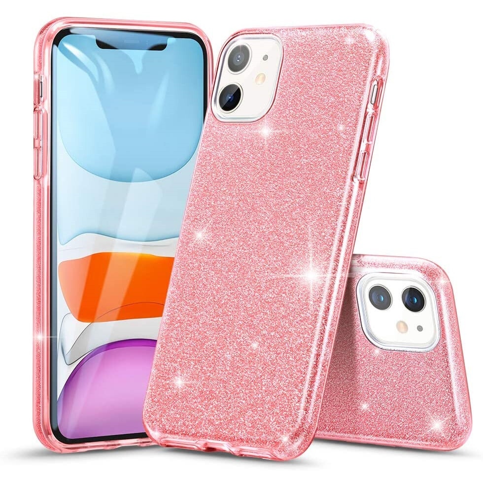Husa protectie compatibila cu iPhone 11 ultra slim din silicon, cu 3 straturi protective, Fashion, cu sclipici Glitter, Roz